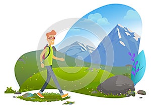 Mountain Tourism, Hiker with Backpack, Rock Vector
