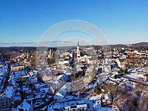 The mountain town of Schneeberg from the air in winter