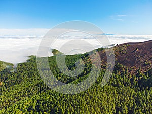 Mountain trail above the clouds on La Palma island. Aerial view