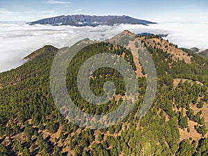 Mountain trail above the clouds on La Palma island. Aerial view