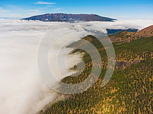 Mountain trail above the clouds on La Palma island. Aerial view