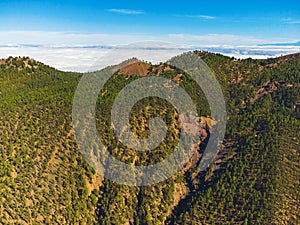 Mountain trail above the clouds on La Palma island. Aerial view