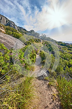 A mountain trail with cloudy blue sky and lensflare. Landscape of countryside dirt road for hiking on adventure walks