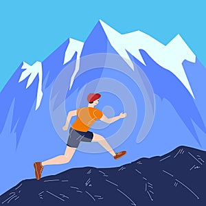 Mountain Trail Running Man in wild nature. Runner in landscape hills, running to win. Vector
