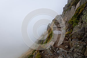 Mountain trail stone stairs puddle covered fog