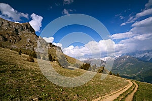 Mountain trail under blue sky. French Alps