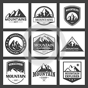 Mountain travel, outdoor adventures logo set. Hiking and climbing labels or icons for tourism organizations, events