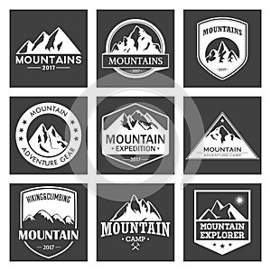 Mountain travel, outdoor adventures logo set. Hiking and climbing labels or icons for tourism organizations, events