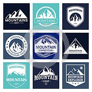 Mountain travel, outdoor adventures logo set. Hiking and climbing labels or icons for tourism organizations, events