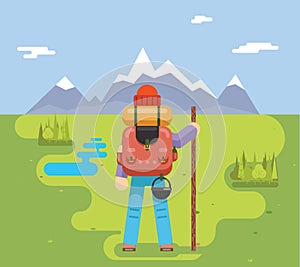 Mountain Travel Trip Vacation Backpaker Man Wood Staff Concept Flat Design Icon Forest Background Vector Illustration