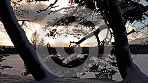 Mountain between the trees at Nulltjarn lake in winter in Are Valadalen in Jamtland in Sweden