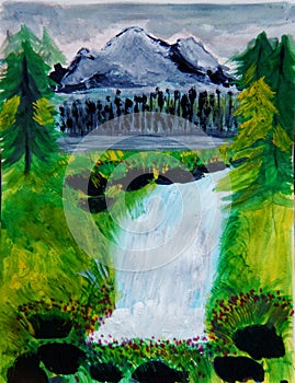 Mountain,trees and the waterfall scene photo