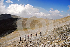 Mountain trekkers on Mount Olympus in central Greece