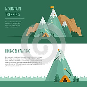 Mountain trekking, hiking, climbing and camping concept. Hiking