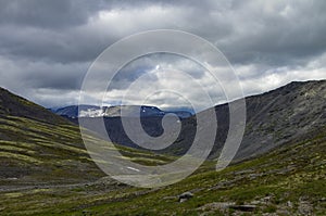 Mountain tundra with mosses and rocks covered with lichens, Hibiny mountains above the Arctic circle, Kola peninsula, Russia