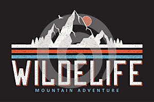 Mountain typography graphics for slogan tee shirt. Outdoor adventure print for apparel, t-shirt design with grunge. Vector.