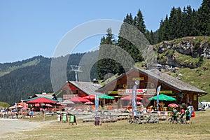 A mountain valley with cafes for rest in hot summer day