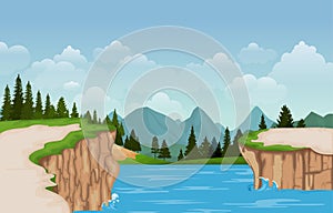 Mountain Valley Cliff Tree Nature Landscape Vector Illustration