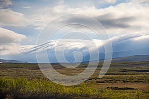 Mountain valley with clouds, Norway landscape