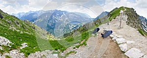 Mountain valley with lakes in Tatras, panoramic view from pass