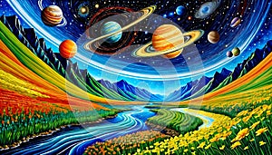 Mountain valley river flower bloom universe galaxy planet rotation astronomy