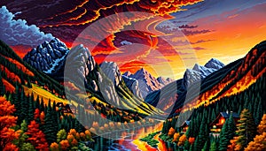 Mountain valley river sunrise sunset orange yellow color artistic drawing