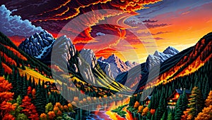 Mountain valley river sunrise sunset orange yellow color artistic drawing photo