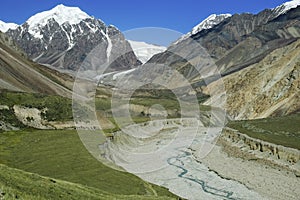 Mountain valley with snow peaks and river meanders