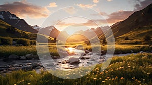 Golden Hour Wilderness Landscape: Realistic And Hyper-detailed 3d Rendering