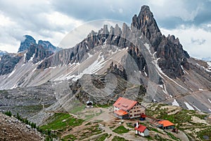 Mountain valley at the Tre Cime di Lavaredo National park and rifugio Locatelli in Dolomites Alps, Trentino Alto Adige