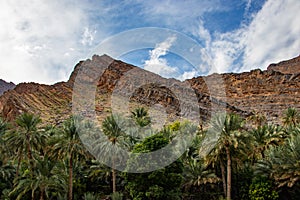 Mountain and valley view along Wadi Sahtan road and snake canyon in Al Hajir mountains between Nizwa and Mascat in Oman photo