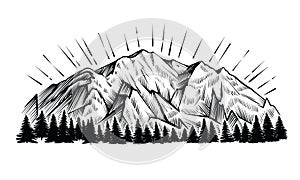 Mountain vector vintage illustration. Engraving rock chains landscape with peak and forest.