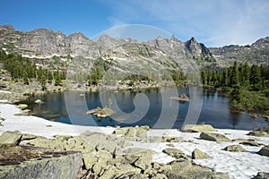 Mountain is very clean and clear lake. Magnificent summer landscape in the mountains.
