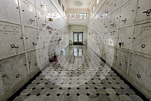 Oakland, California - December 7, 2018: Mausoleum corridor at Mountain View Cemetery.