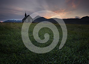 Mountain View Iceland. Beautiful black wooden church in Budir