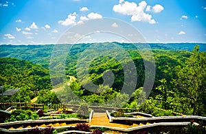 Mountain view of lush green forest and yellow river in East Asia