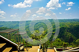 Mountain view of lush green forest and yellow river in East Asia