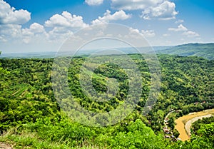 Mountain view of lush green forest and yellow river in East Asia