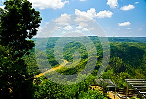 Mountain view of lush green forest and yellow river in East Asia