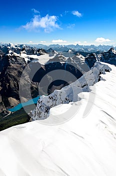 Mountain view from Mt Temple peak, Rocky Mountains, Alberta, Can