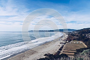 Mountain view on an ocean beach in California