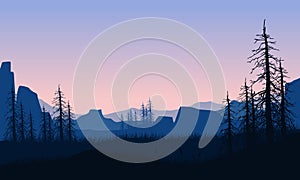 Mountain view with a realistic silhouette of dry fir trees from the countryside edge at dusk