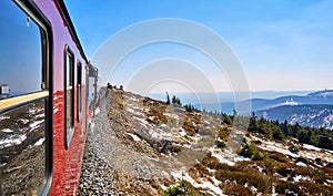 Mountain view on a steam train in winter with snow. Dynamics through motion blur