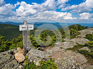 Mountain View with Trail Sign, Dense Maine Forest, Mahoosuc Range