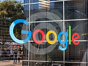 Google logo at Googleplex headquarters main office