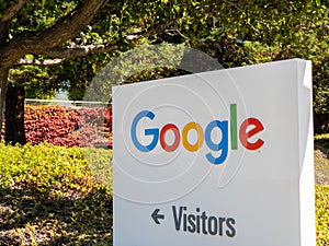 Google logo at Googleplex headquarters main office