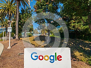 Google logo at Googleplex headquarters main office