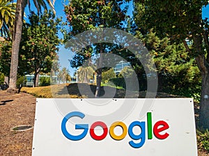 Google logo at Googleplex headquarters main office
