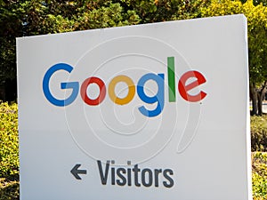 Google logo at Googleplex headquarters main office