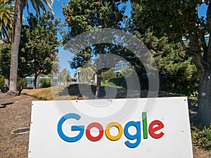 Google logo at Googleplex headquarters main office